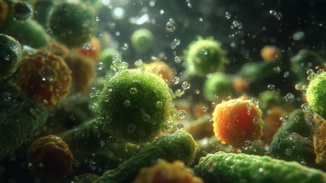 Un'esplorazione affascinante della vita microbica: l'interazione dinamica di cellule e bolle in un vibrante ecosistema sottomarino.