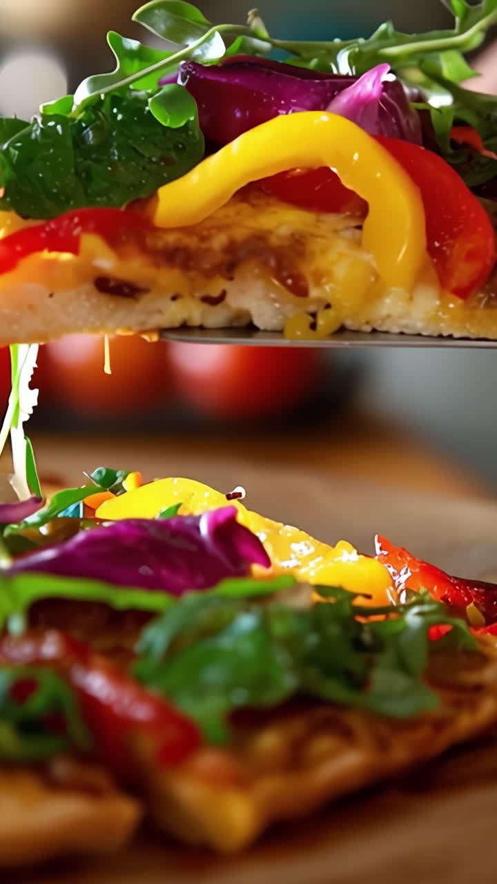 Squisita Fetta di Pizza Gourmet Artigianale Guarnita con Verdure Fresche, Peperoni Colorati e Verdure a Foglia, Catturata in un Primo Piano Appetitoso