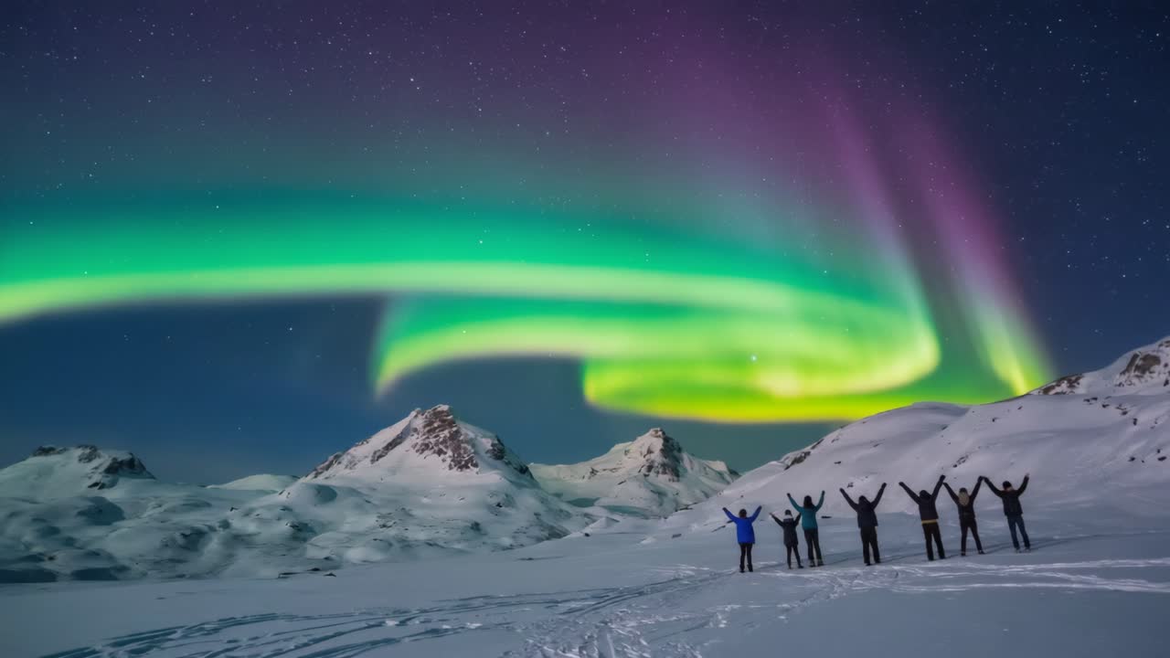 People enjoying the Aurora Borealis in a snowy mountain landscape