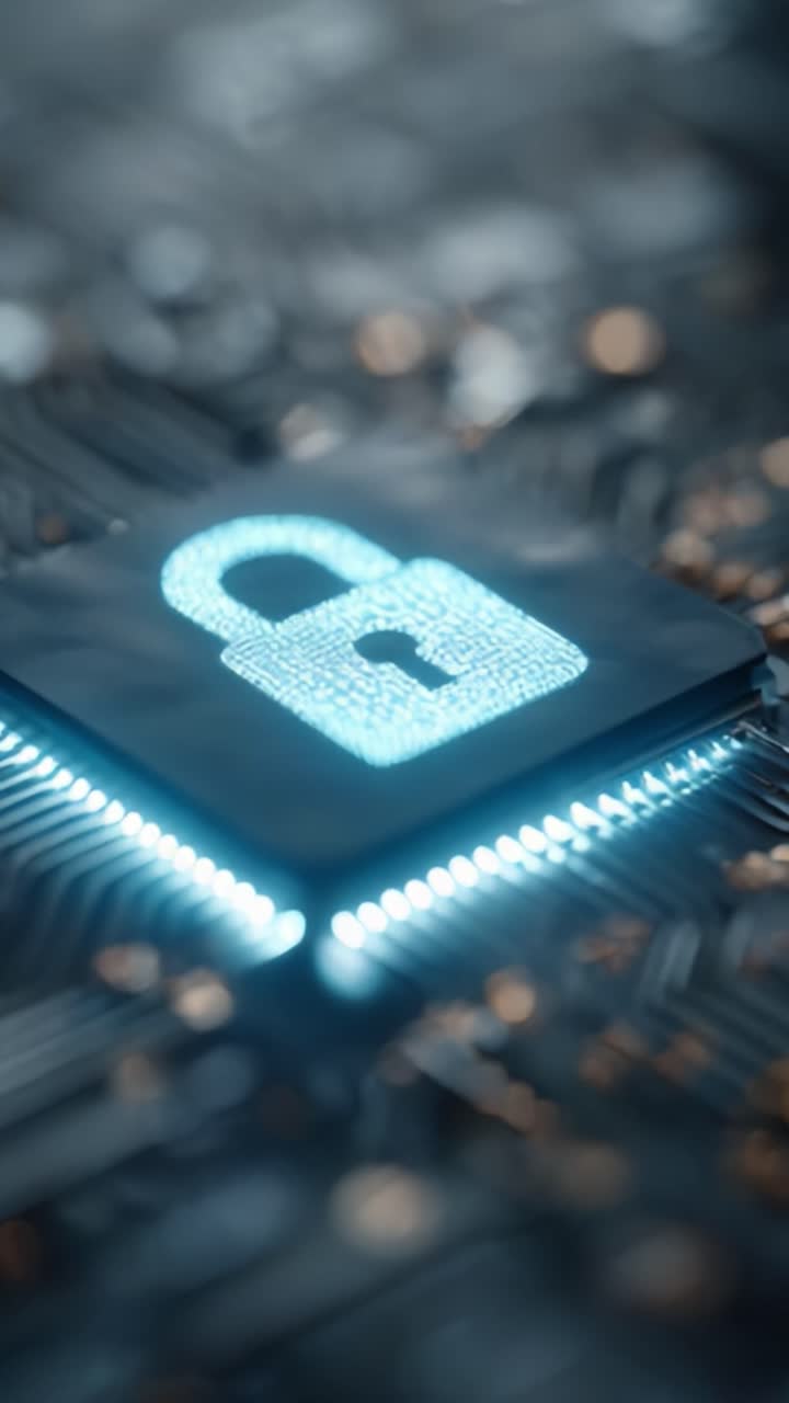 Visually Enhanced Close-up of a Secure Digital Lock on a Processor Circuit Board Highlighting Cybersecurity Features and Data Protection Technology