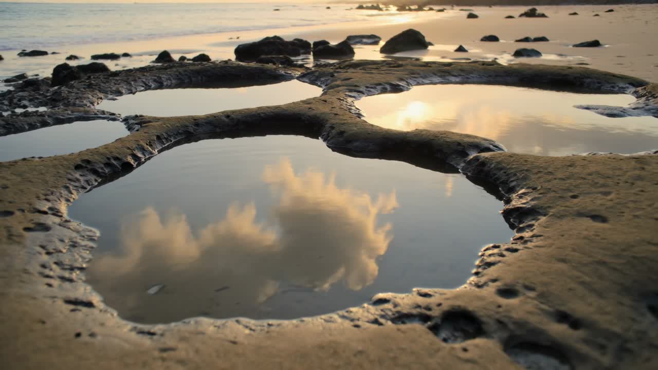 La telecamera si allontana mostrando una pozza di roccia in primo piano che riflette una nuvola, il sole su una riva rocciosa, una scena che riscalda.
