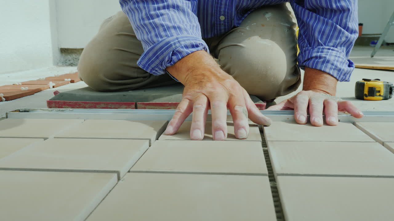 A Man Is Laying Tiles On The Floor Only Hands Are Visible In The Frame