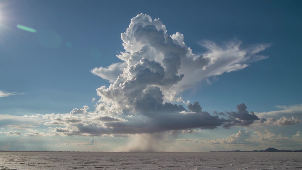 Growing convective cloud from sun heating over salt flat, producing downflow shaft and lens flare