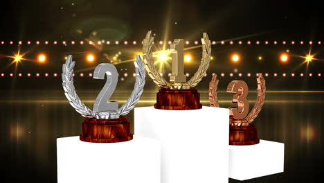 animation of first, second and third place award trophies at floodlit winners' prize giving ceremony