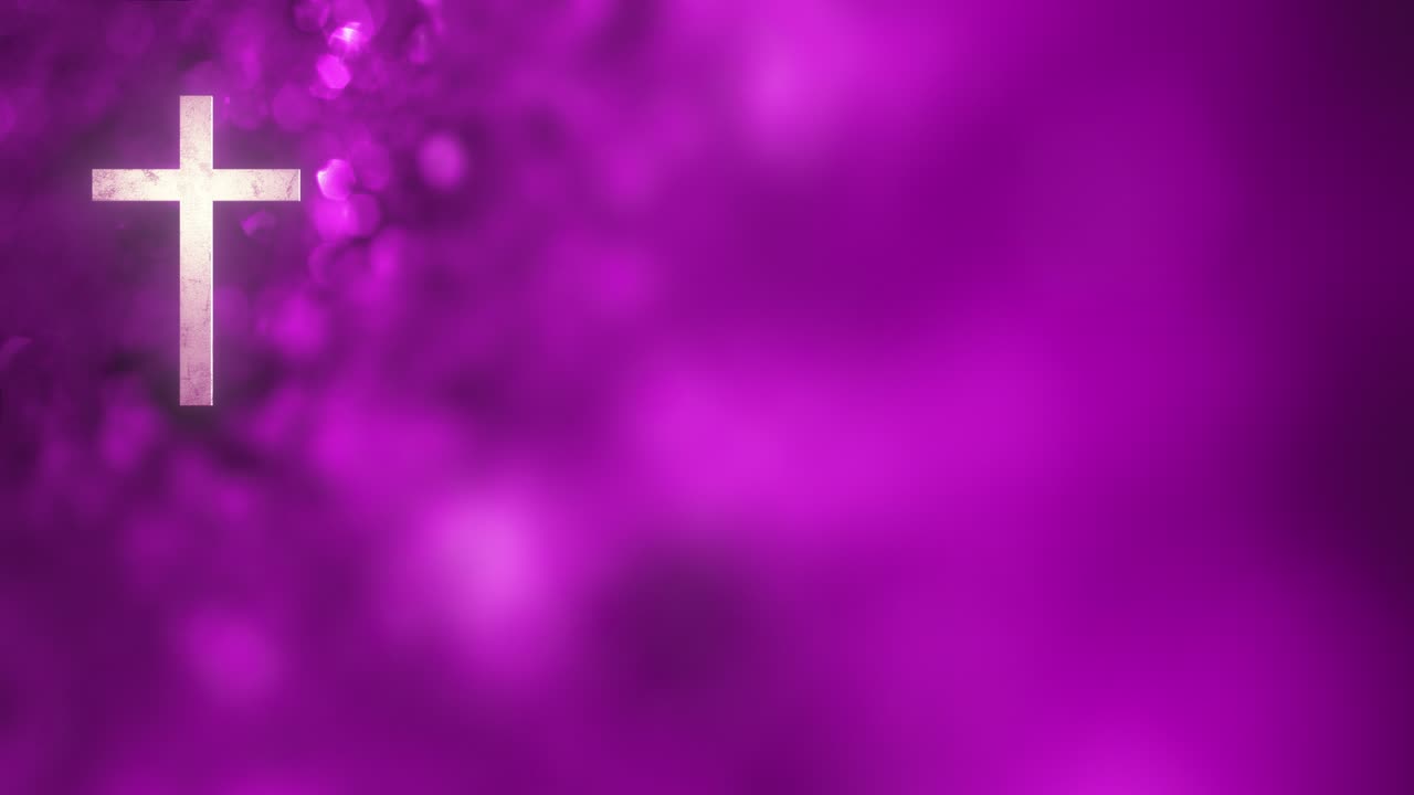 cruz cristiana romana en bucle horizontal litúrgica con fondo de brillo púrpura bokeh