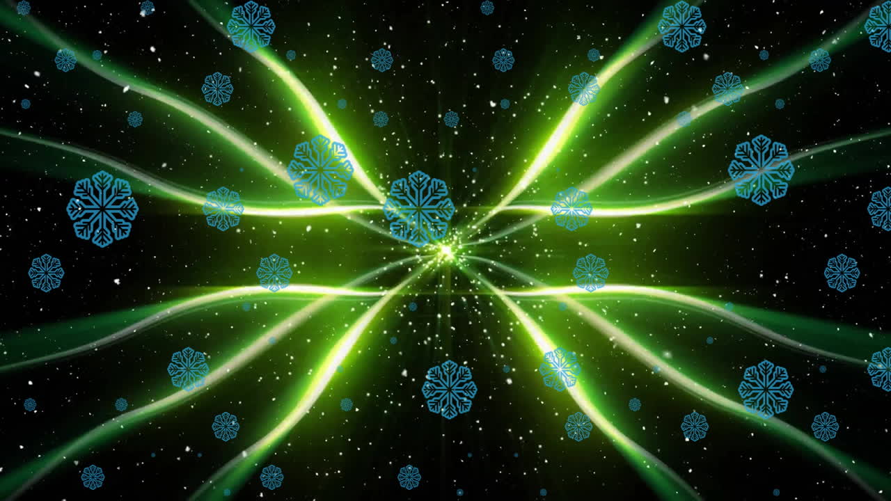 Animation of snow flakes falling over glowing trails on black background