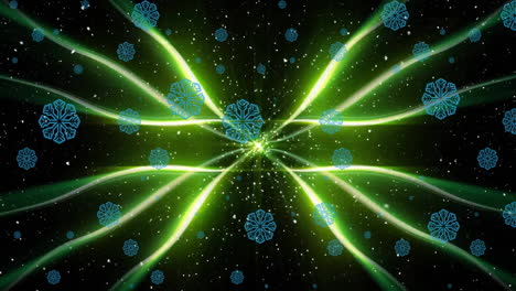 animation of snow flakes falling over glowing trails on black background