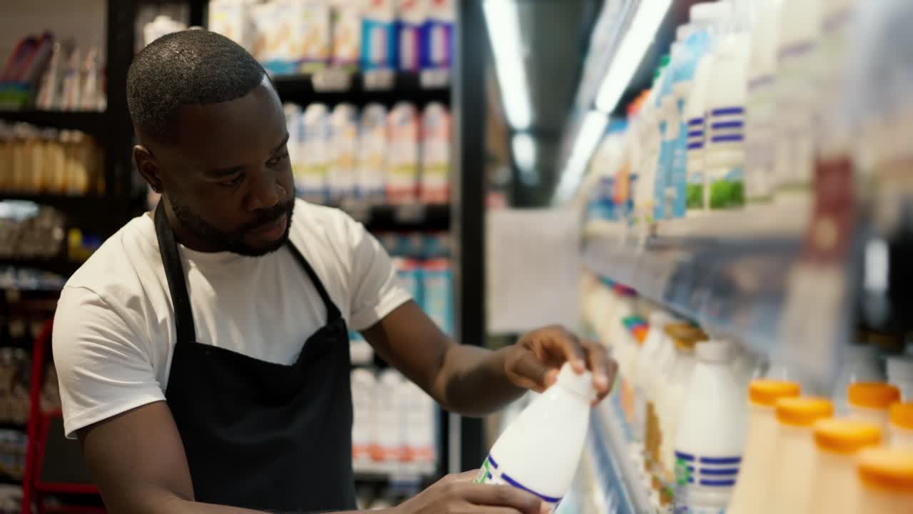 of a Black man in a white t-shirt and black apron inspecting tvoar at a dairy counter. Video filmed in high quality