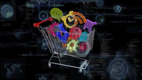 animation of digital icons in shopping trolley over screens on black background