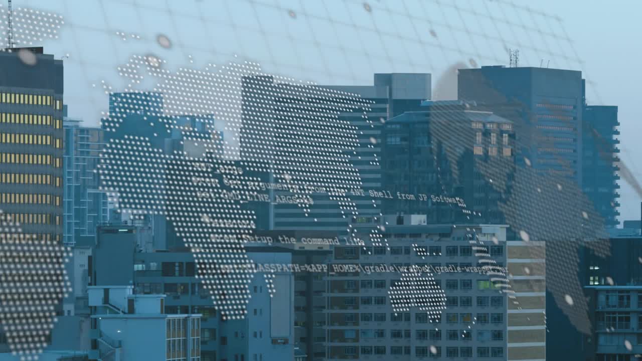 Digital overlay appearing over city skyline, code scrolling then fading, map aligning to show links