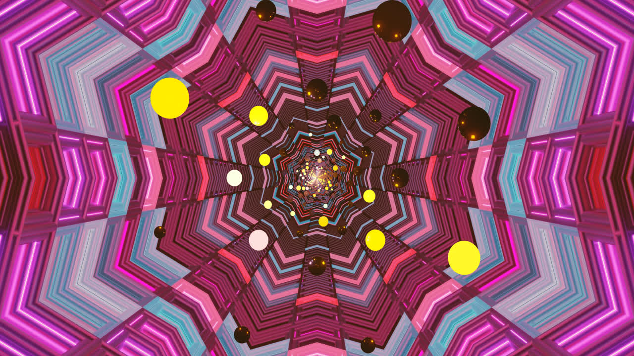 A captivating tunnel filled with vibrant geometric patterns appears to shift and swirl. Floating spheres in various colors enhance the visual depth, creating a hypnotic effect that draws viewers in