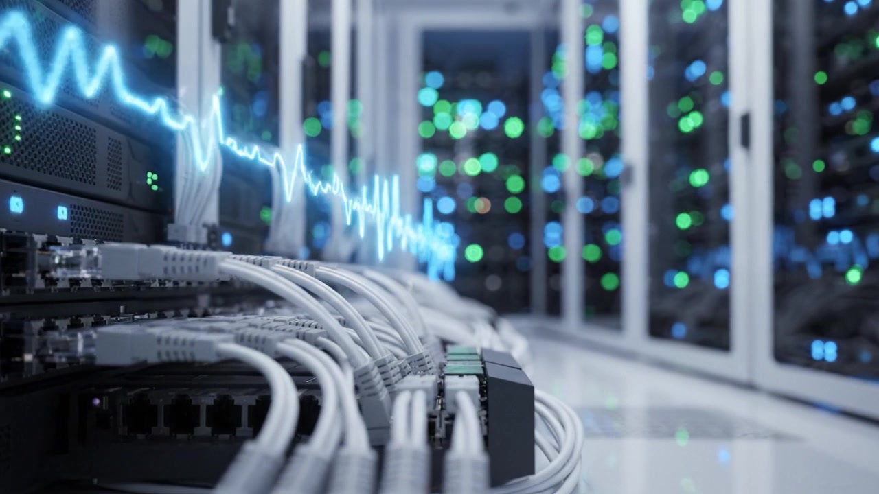 Data Center Infrastructure: Cables and Server Racks with Colorful LED Indicators Capturing the Pulse of Modern Technology Operations and Connectivity