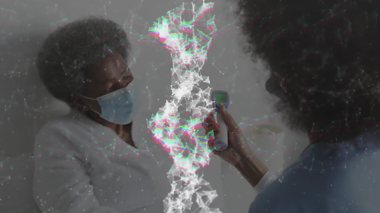 Healthcare worker raising infrared thermometer toward patient brow pressing button for temp check