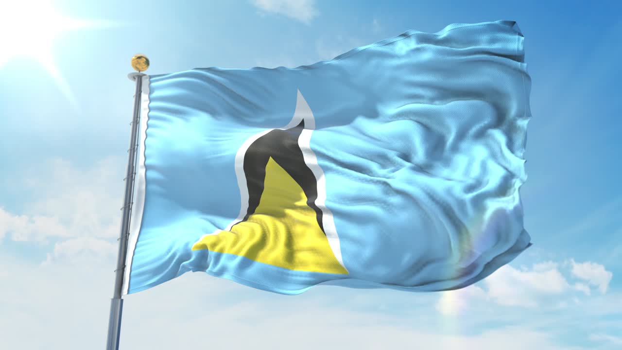 la bandera de santa lucía ondeando en el viento contra el cielo azul profundo. tema nacional, concepto internacional. renderización 3d de bucle sin costuras 4k