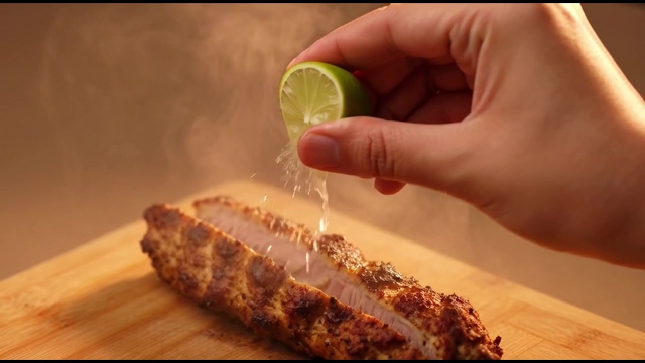 Chef che taglia carne grigliata e spreme succo di lime fresco