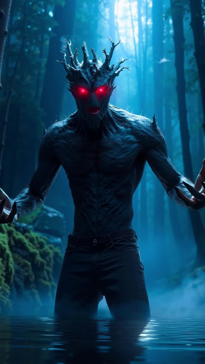 A man with red eyes standing in the middle of a forest