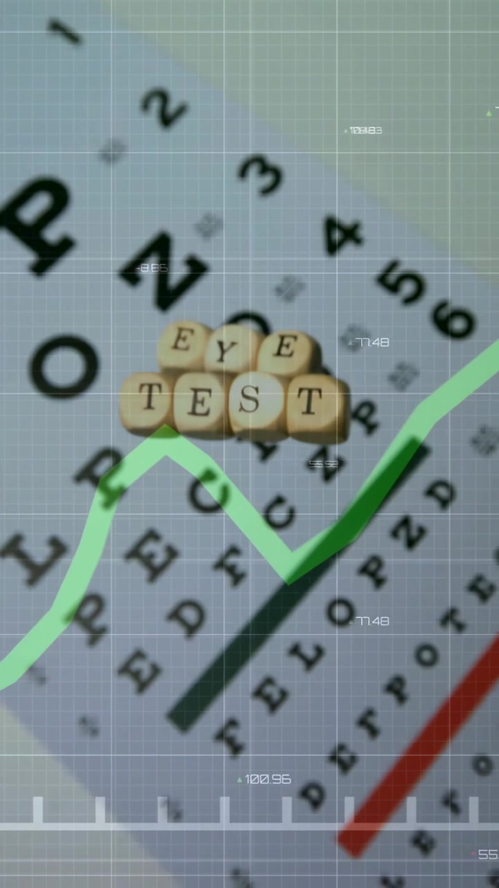 Vertical video: Eye chart letter cubes sliding down as green graph animating over grid for vision