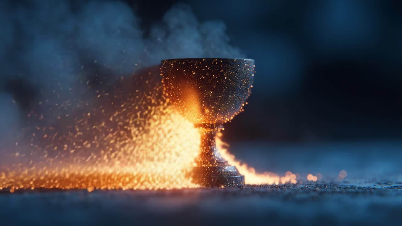 Un trofeo scintillante avvolto da particelle mistiche, che emette scintille radiose e circondato da una nebbia enigmatica in un'affascinante ambientazione fantasy