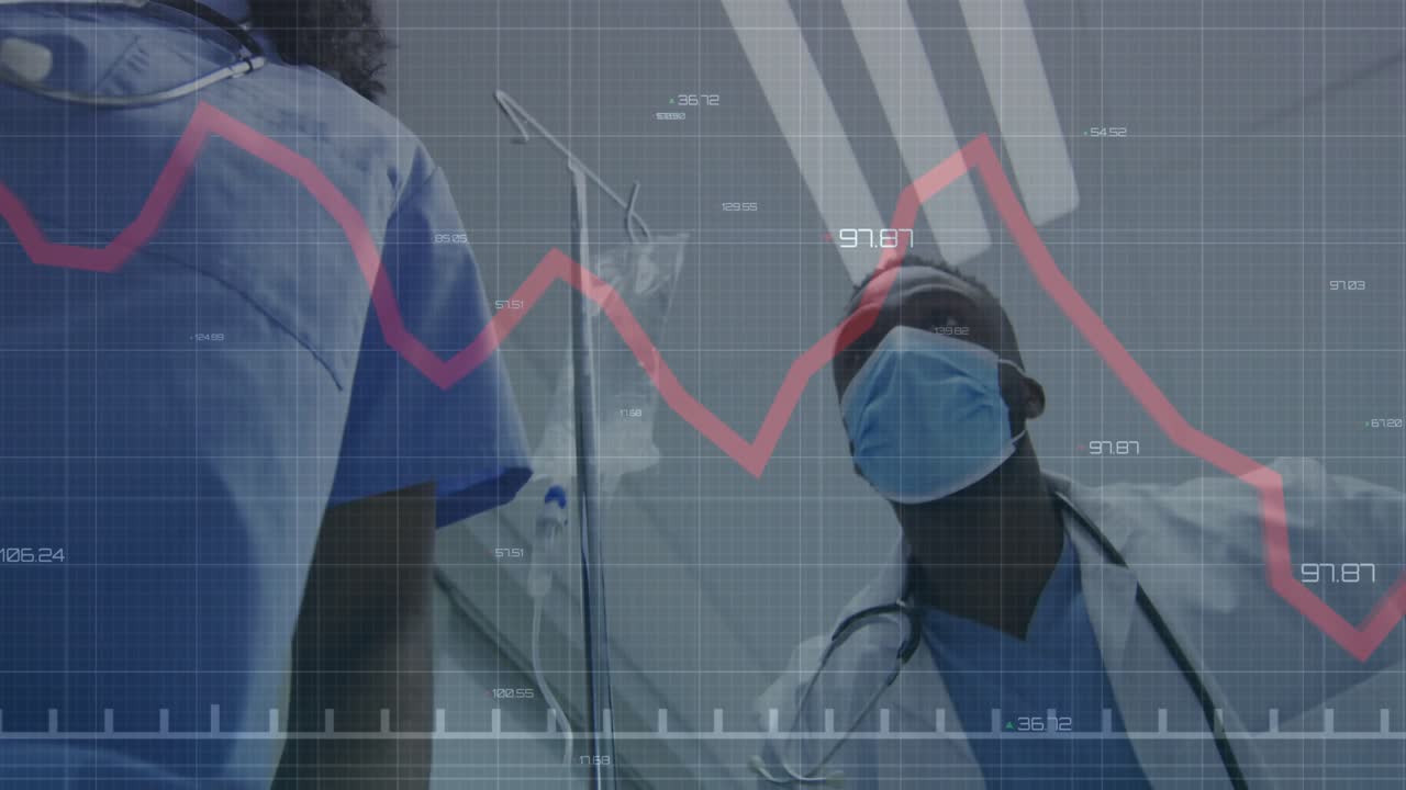 Nurse adjusting IV clamp after grid overlay and red graph drop, doctor inspecting line in ward