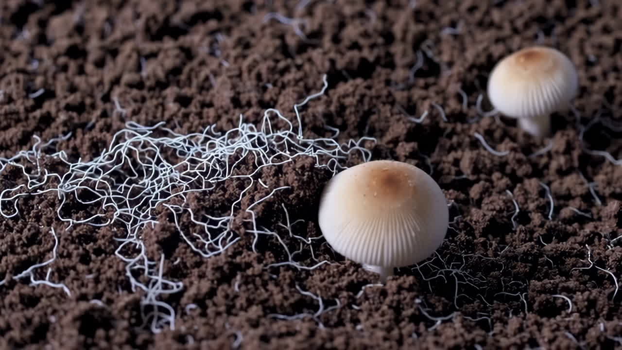 Small mushrooms and mycelium growing in dark soil