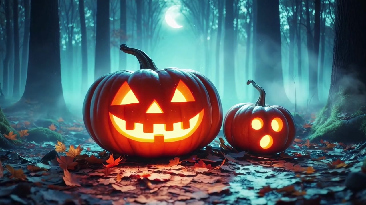 Jack-o'-lantern luminose in una foresta nebbiosa e infestata di notte.