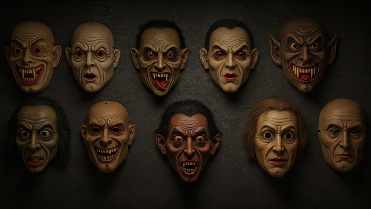 A Collection of Eerie and Expressive Masks Displaying Various Fearsome Features and Emotions Captures the Essence of Horror in a Dark Setting