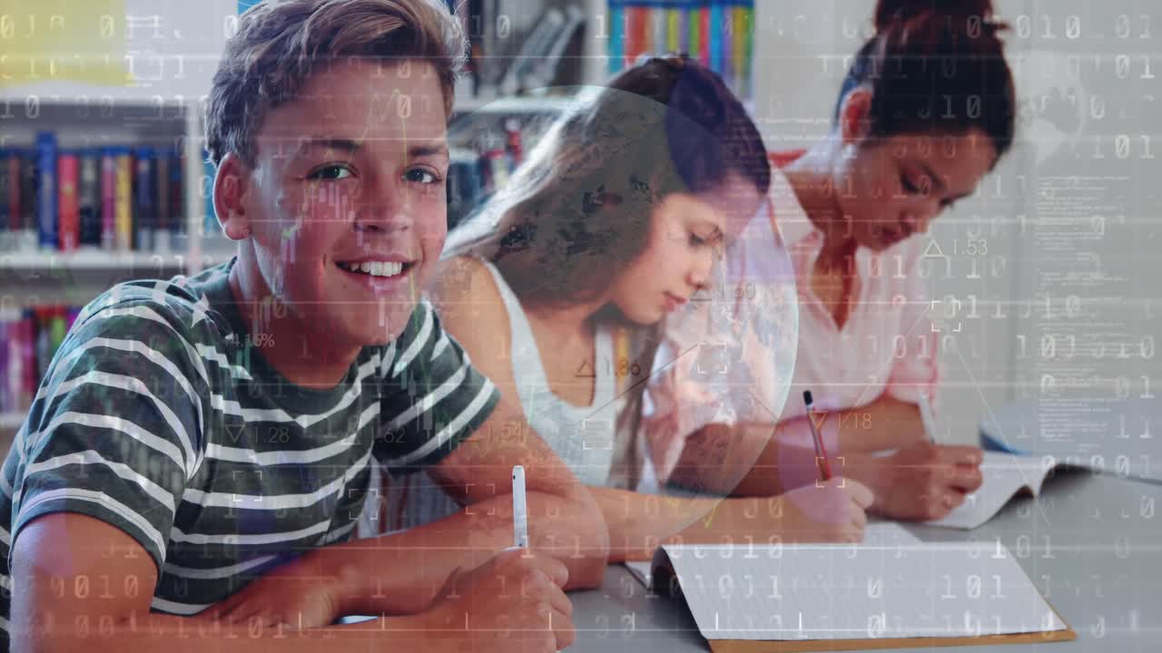 animación de codificación binaria sobre un globo contra un niño caucásico estudiando en la escuela.