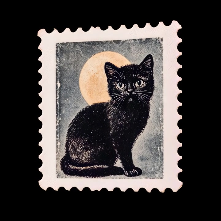 Perangko Vintage Menampilkan Kucing Hitam dan Bulan Purnama