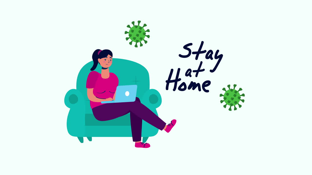 소파에서 노트북을 사용하는 여성이 코로나19 입자로
