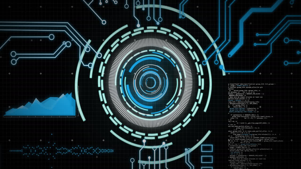 Animation of loading rings and processing data on interface over motherboard on black background