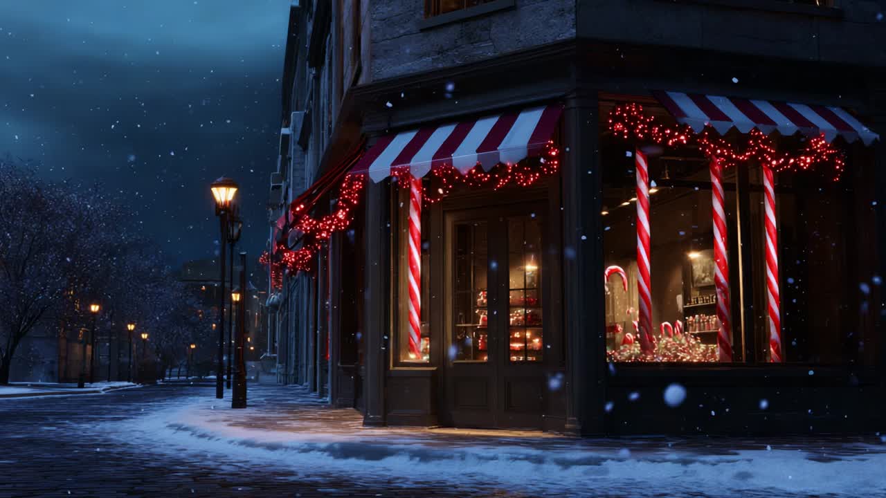 Enchanting Winter Night Scene Featuring a Charming Storefront Adorned with Festive Decorations, Twinkling Lights, and Holiday Cheer Captured in a Snowy Urban Landscape Under a Starry Sky