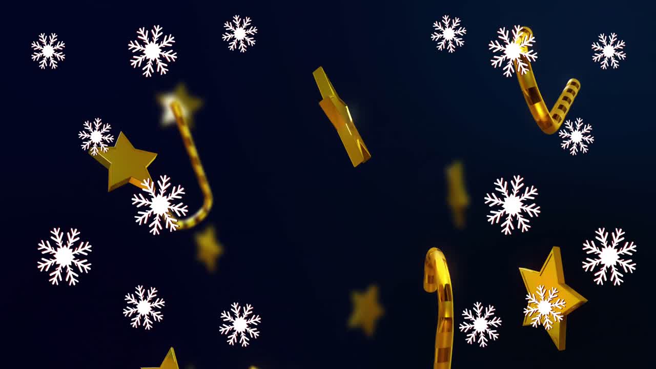 animación de caramelos de navidad, estrellas doradas y nieve cayendo sobre un fondo negro
