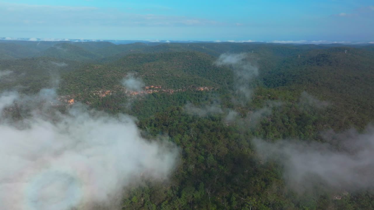 Vista aerea di foresta nebbiosa e montagne