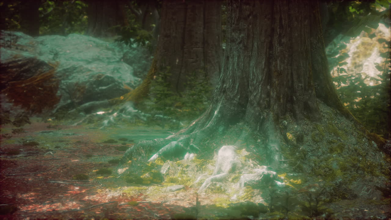 bosque oscuro con musgo y rayos de sol brillando canal