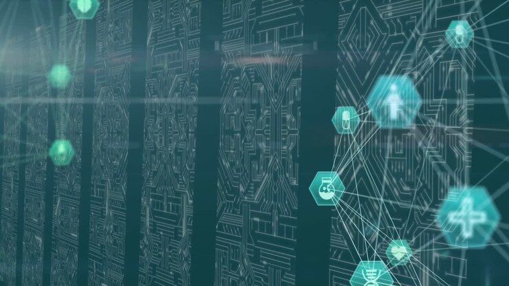 Globe of digital icons against microprocessor