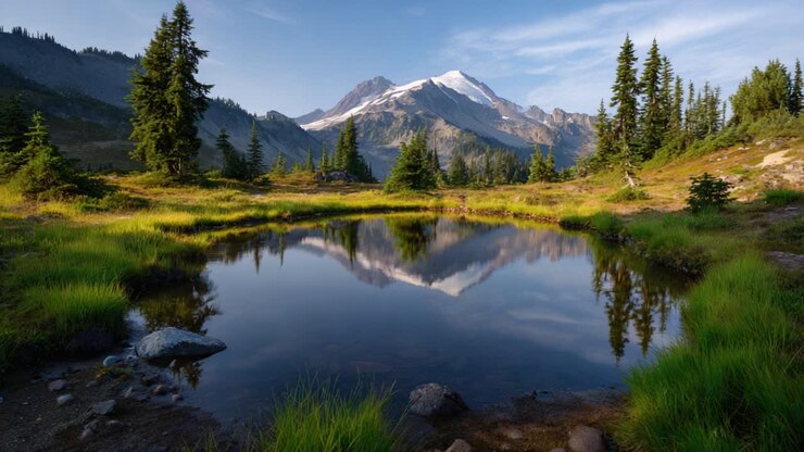 Paesaggio montano mozzafiato: Un riflesso tranquillo su un lago calmo circondato da foreste sempreverdi e vette maestose sotto cieli azzurri e tersi