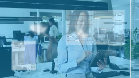 animation of data processing over asian businesswoman using tablet in office