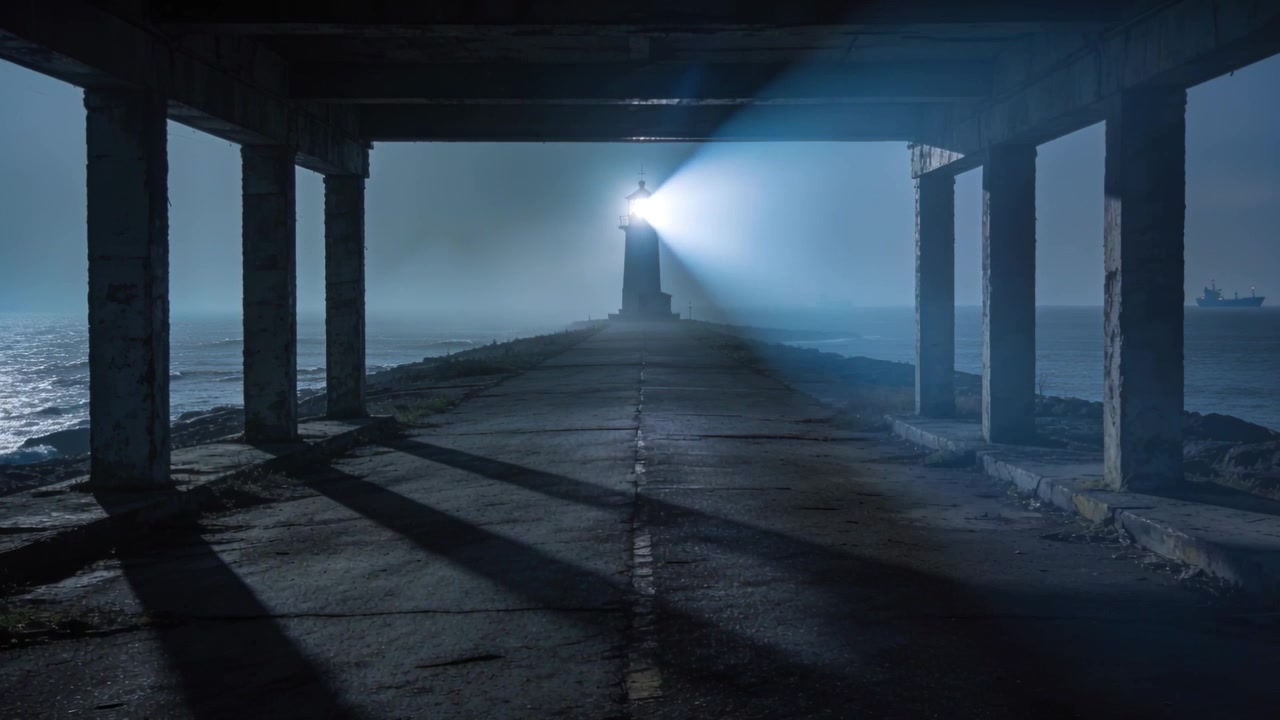 Motor starting, lighthouse beacon sweeping pier under concrete roof, guiding ship silhouette