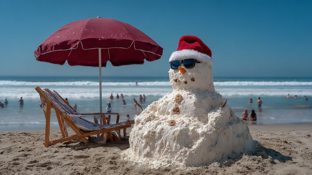 A Playful Snowman in Summer Attire Relaxing on the Beach Under an Umbrella, Featuring Sunglasses and a Santa Hat, Surrounded by Sunbathers and Waves