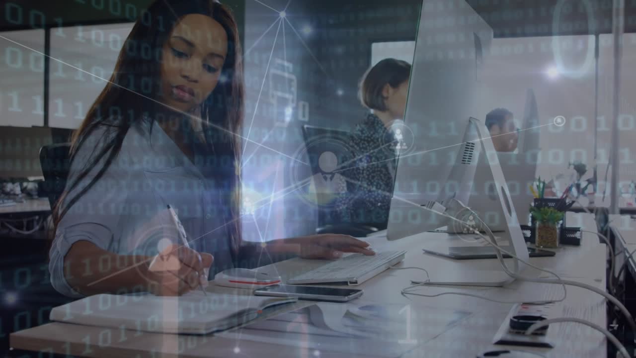 Animation of network of connections over diverse business people in office