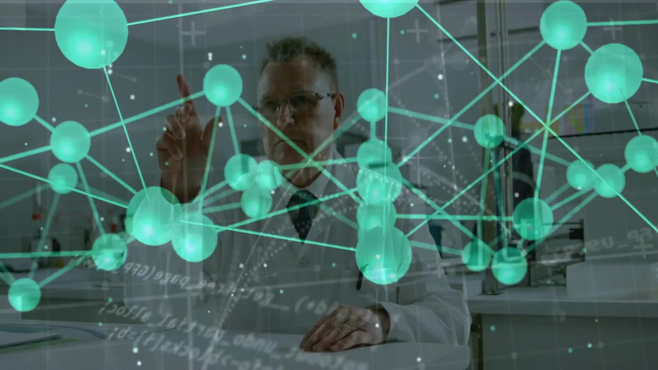 Senior scientist raising finger interacting with science hologram network selecting key data node