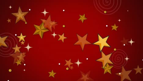 animation of gold and white christmas stars and white light spots on red background