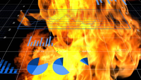 digital composite video of statistics charts against fire burning in background