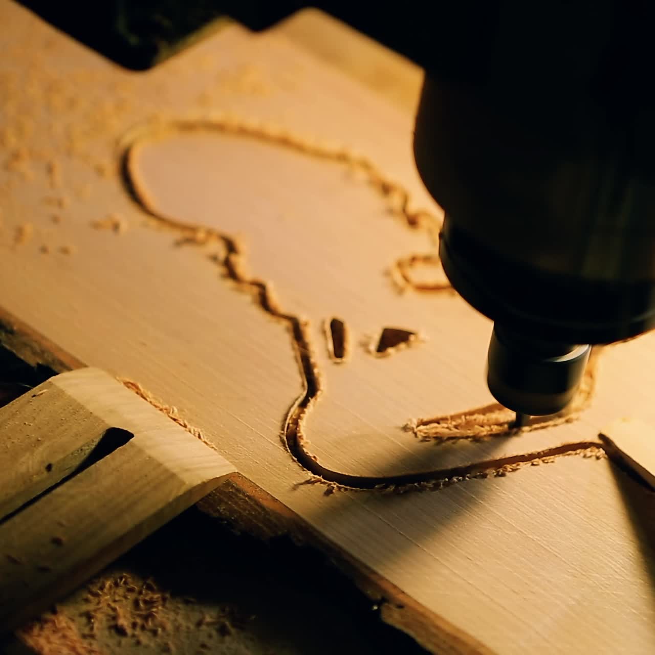 Cnc Drill Is Drilling On The Wooden Plank