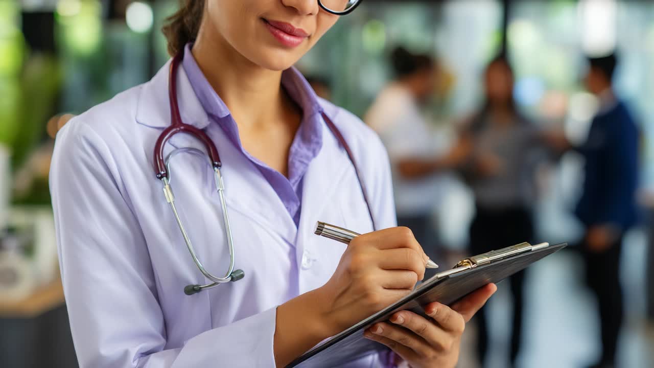 Eine professionelle medizinische Fachkraft im weißen Kittel mit Stethoskop macht aufmerksam Notizen auf einem Klemmbrett und zeigt damit ihr Engagement für die Patientenversorgung und die Bedeutung einer sorgfältigen Dokumentation im klinischen Umfeld