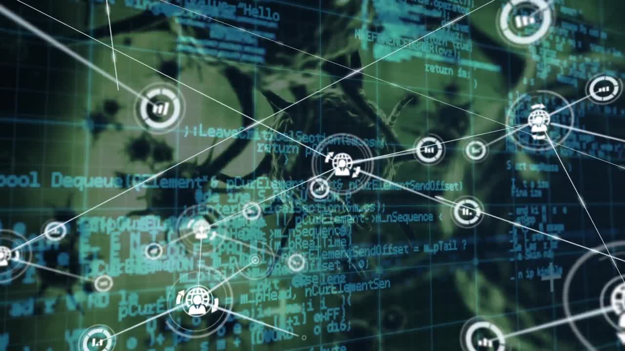 red de iconos de perfil y procesamiento de datos contra múltiples células de covid-19 en fondo verde