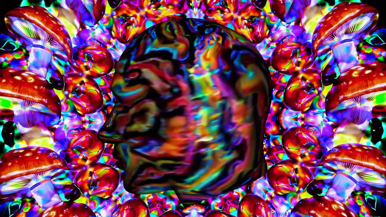 Psychedelic video art with a side profile of a head in vibrant colors