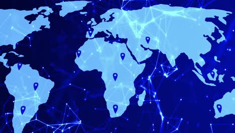 animación de un mapa del mundo con marcas de ubicación y conexiones en fondo azul