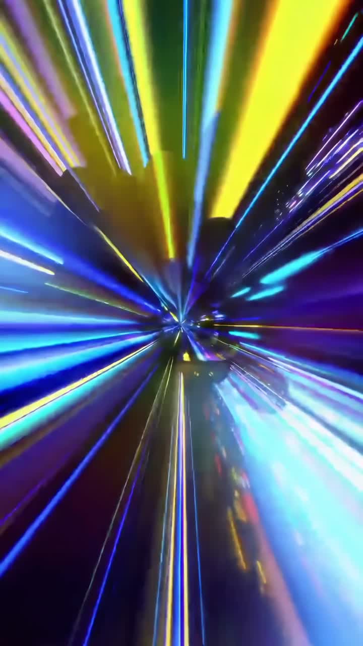 Video dinamico di scie luminose blu e gialle da una prospettiva in prima persona, che creano un tunnel