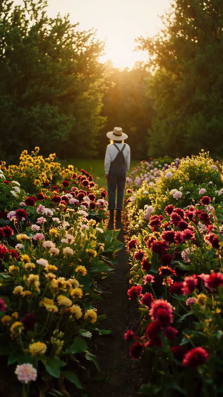 Woman Walking Through a Colorful Dahlia Garden at Sunset